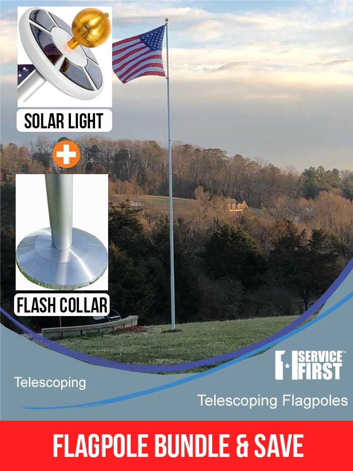 (Bundle) 20' or 25' Delta Telescoping Flagpole Bundle SILVER (Pole, Light & Flash Collar)